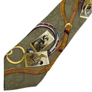 Gant Silk Tie Olive Green Equestrian Horse Racing Riding Buckle Print